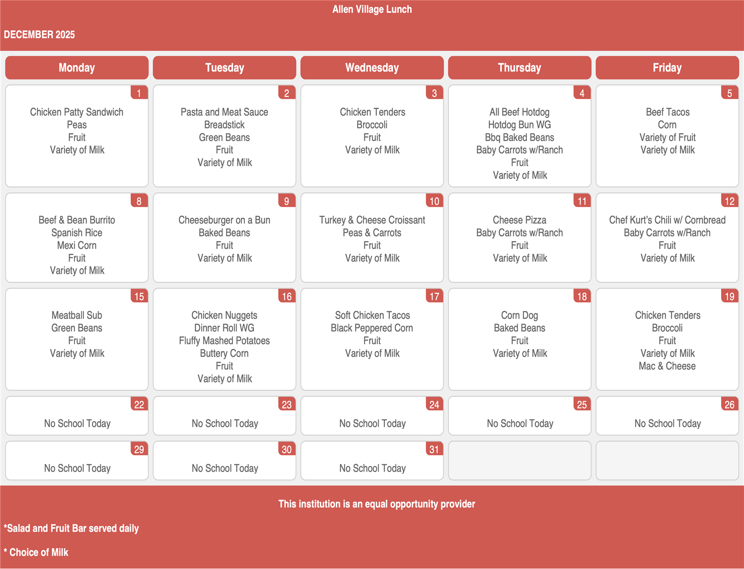 2025 December Lunch Menu